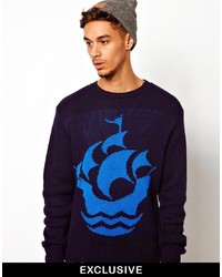 Мужской темно-синий свитер с круглым вырезом с принтом от Reclaimed Vintage