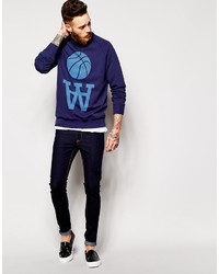 Мужской темно-синий свитер с круглым вырезом с принтом от Wood Wood