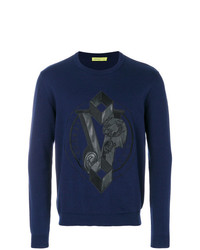 Мужской темно-синий свитер с круглым вырезом с принтом от Versace Jeans