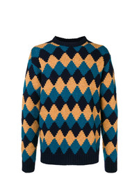 Мужской темно-синий свитер с круглым вырезом с ромбами от Prada