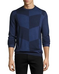 Темно-синий свитер с круглым вырезом с узором зигзаг