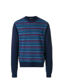 Мужской темно-синий свитер с круглым вырезом с узором зигзаг от Prada