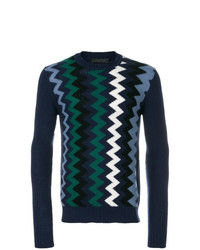 Мужской темно-синий свитер с круглым вырезом с узором зигзаг от Prada