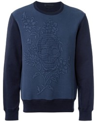 Мужской темно-синий свитер с круглым вырезом с цветочным принтом от Alexander McQueen