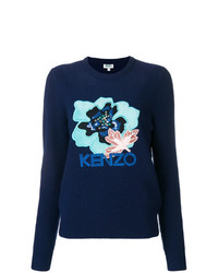 Женский темно-синий свитер с круглым вырезом с цветочным принтом от Kenzo