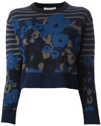 Женский темно-синий свитер с круглым вырезом с цветочным принтом от Sacai
