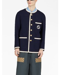 Мужской темно-синий твидовый пиджак с вышивкой от Gucci
