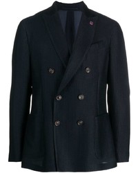 Мужской темно-синий хлопковый двубортный пиджак в вертикальную полоску от Lardini