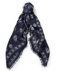 Мужской темно-синий хлопковый шарф с принтом от Alexander McQueen