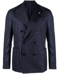 Мужской темно-синий шелковый двубортный пиджак от Lardini