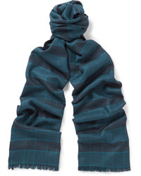 Мужской темно-синий шелковый шарф в шотландскую клетку от Brioni