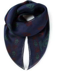 Женский темно-синий шелковый шарф с принтом от Alexander McQueen