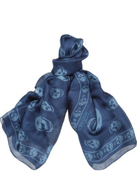 Женский темно-синий шелковый шарф с принтом от Alexander McQueen