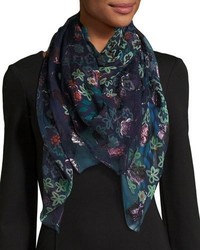 Темно-синий шелковый шарф с цветочным принтом