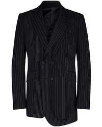 Мужской темно-синий шерстяной двубортный пиджак в вертикальную полоску от Alexander McQueen
