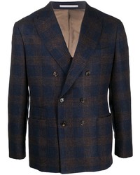 Мужской темно-синий шерстяной двубортный пиджак в шотландскую клетку от Brunello Cucinelli
