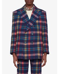 Мужской темно-синий шерстяной двубортный пиджак в шотландскую клетку от Gucci
