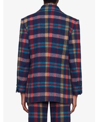 Мужской темно-синий шерстяной двубортный пиджак в шотландскую клетку от Gucci