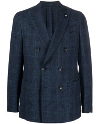 Мужской темно-синий шерстяной двубортный пиджак в шотландскую клетку от Lardini