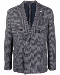 Мужской темно-синий шерстяной двубортный пиджак с узором "в ёлочку" от Lardini