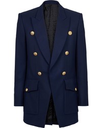 Мужской темно-синий шерстяной двубортный пиджак от Balmain