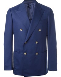 Мужской темно-синий шерстяной двубортный пиджак от Caruso
