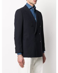 Мужской темно-синий шерстяной двубортный пиджак от Kiton