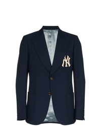 Мужской темно-синий шерстяной пиджак с вышивкой от Gucci