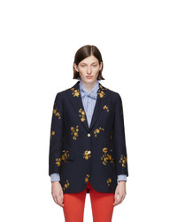 Женский темно-синий шерстяной пиджак с цветочным принтом от Gucci
