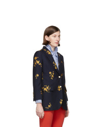 Женский темно-синий шерстяной пиджак с цветочным принтом от Gucci