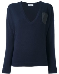 Женский темно-синий шерстяной свитер с украшением от Brunello Cucinelli