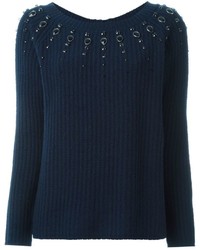 Женский темно-синий шерстяной свитер с украшением от Twin-Set