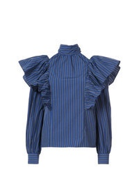 Темно-синяя блузка с длинным рукавом в вертикальную полоску