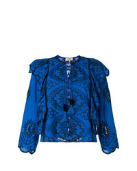 Темно-синяя блузка с длинным рукавом с рюшами