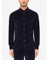 Мужская темно-синяя вельветовая рубашка с длинным рукавом от Dolce & Gabbana