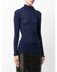 Женская темно-синяя водолазка с украшением от Balmain