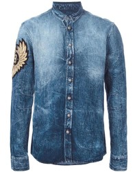 Мужская темно-синяя джинсовая рубашка с вышивкой от Balmain