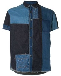 Мужская темно-синяя джинсовая рубашка с коротким рукавом с принтом от KAPITAL