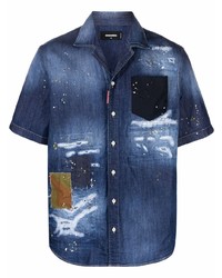 Мужская темно-синяя джинсовая рубашка с коротким рукавом от DSQUARED2