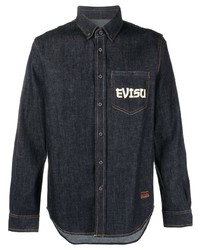 Мужская темно-синяя джинсовая рубашка с принтом от Evisu