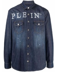 Мужская темно-синяя джинсовая рубашка с принтом от Philipp Plein
