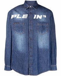 Мужская темно-синяя джинсовая рубашка с принтом от Philipp Plein