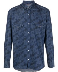 Темно-синяя джинсовая рубашка с цветочным принтом