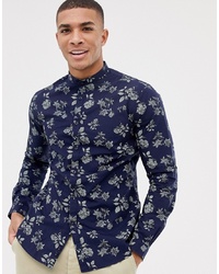 Мужская темно-синяя классическая рубашка с цветочным принтом от Celio
