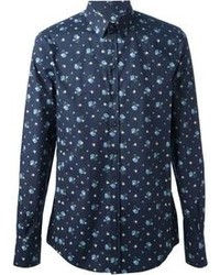 Мужская темно-синяя классическая рубашка с цветочным принтом от Dolce & Gabbana