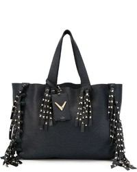 Темно-синяя кожаная большая сумка c бахромой от Valentino