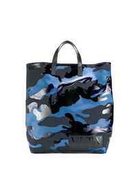 Темно-синяя кожаная большая сумка с камуфляжным принтом