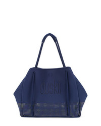 Темно-синяя кожаная большая сумка с принтом от Duskii