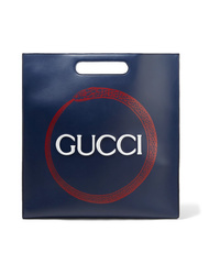 Темно-синяя кожаная большая сумка с принтом от Gucci