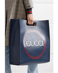Темно-синяя кожаная большая сумка с принтом от Gucci